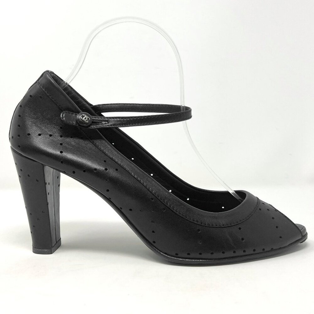 Chanel Black Leather Mary Jane Peep Toe Heels CC Pumps 41 - Picture 3 of 9